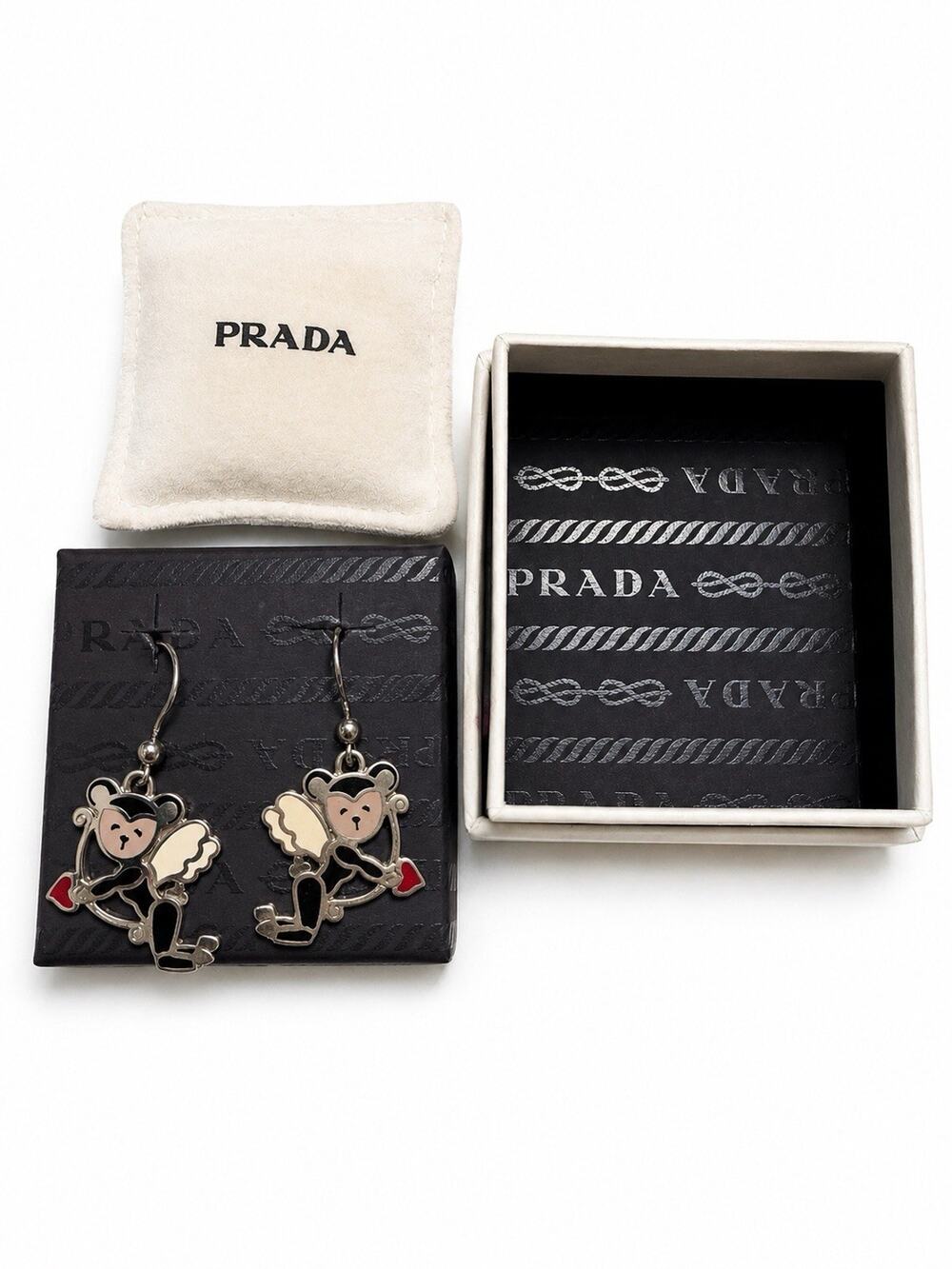 PRADA CUPID ANGEL HEART ARROW DANGLE EARRINGS SILVER TONE ENAMEL W/ BOX POUCH